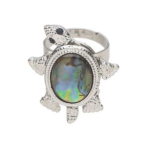 Ring 1pkg1 steel / paua shell / glass rhinestone, 36x26mm turtle, natural silver finish / black