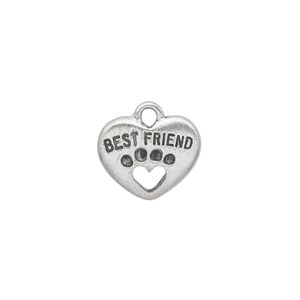 Charm, antiqued pewter (tin-based alloy), 15x13mm double-sided heart with "Best Friend" and dog paw cutout. Sold individually.