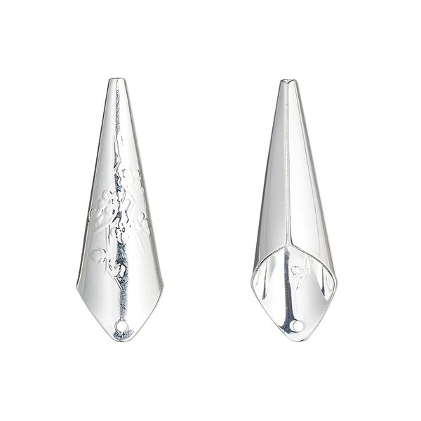 Bolo tip, silver-plated brass, 27x9mm with flower design. Sold per pkg of 10. image number 0