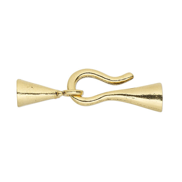Clasp, hook-and-eye, antique gold-plated pewter (tin-based alloy), 35x10mm with smooth cone and glue-in ends, 4.5mm inside diameter. Sold individually. image number 0