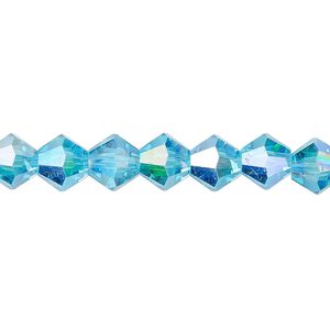 Bead 1pk transparent turquoise blue AB, Celestial Crystal® 8mm bicone 15.5-16 inch