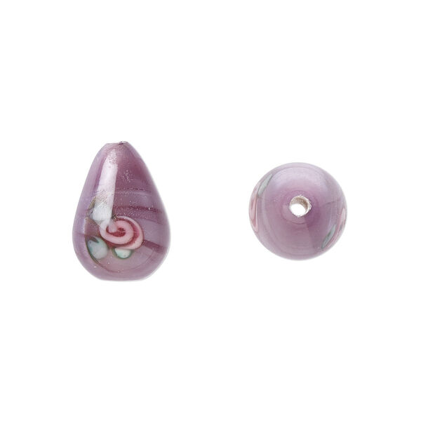 Bead, Czech lampworked glass, opaque purple / pink / green, 12x8mm-13x9mm teardrop with flower design. Sold per pkg of 4. image number 0