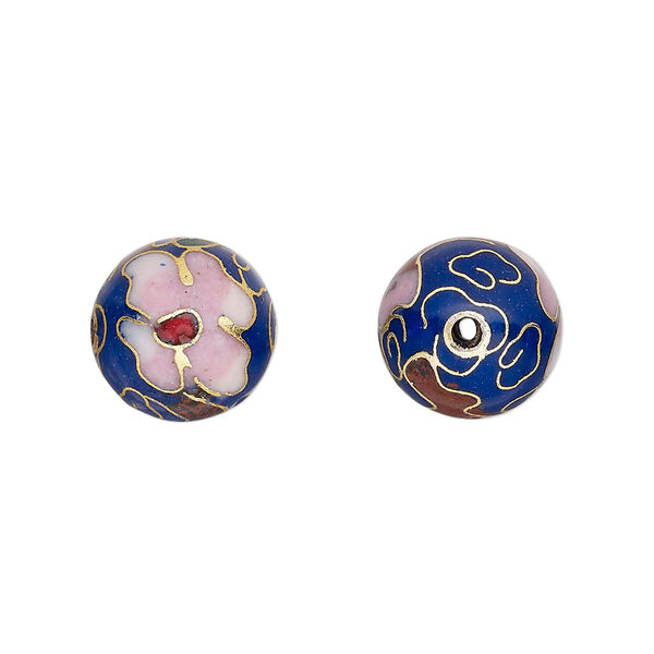 Bead, cloisonné, enamel and gold-finished copper, cobalt blue and multicolored, 12mm round with flower design. Sold per pkg of 10. image number 0
