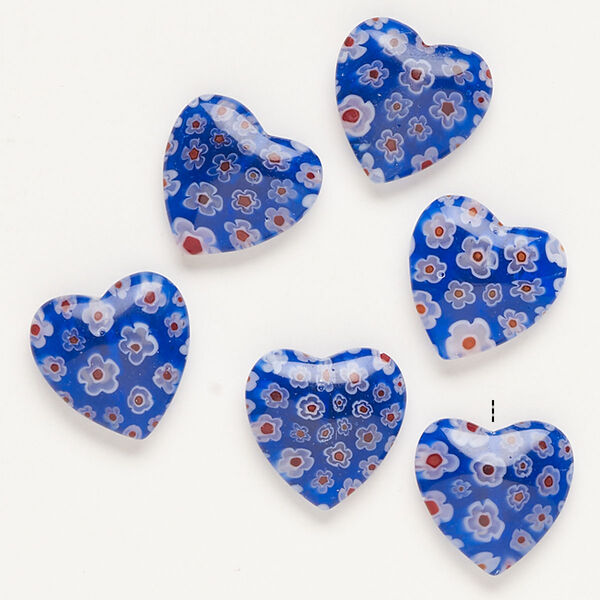 Bead, millefiori glass, translucent cobalt blue / red / white, 16-18mm half-drilled puffed heart. Sold per pkg of 6. image number 0