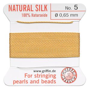 Thread, Griffin, silk, amber yellow, size #5. Sold per 2-meter card (approximately 78 inches).