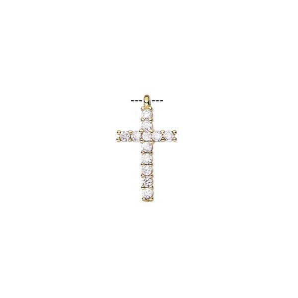 Drop, cubic zirconia and gold-finished brass, clear, 14x9mm single-sided cross. Sold individually. image number 0
