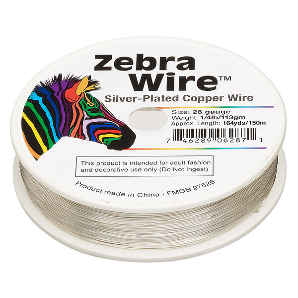 Wire, Zebra Wire™, silver-plated copper, round, 28 gauge. Sold per 1/4-pound spool, approximately 164 yards. image number 0