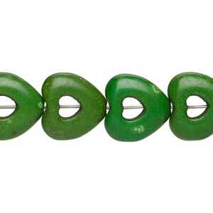 Bead, "turquoise" (resin) (imitation), dark apple green, 15x15mm open heart with 4x4mm center hole. Sold per 15-inch strand.