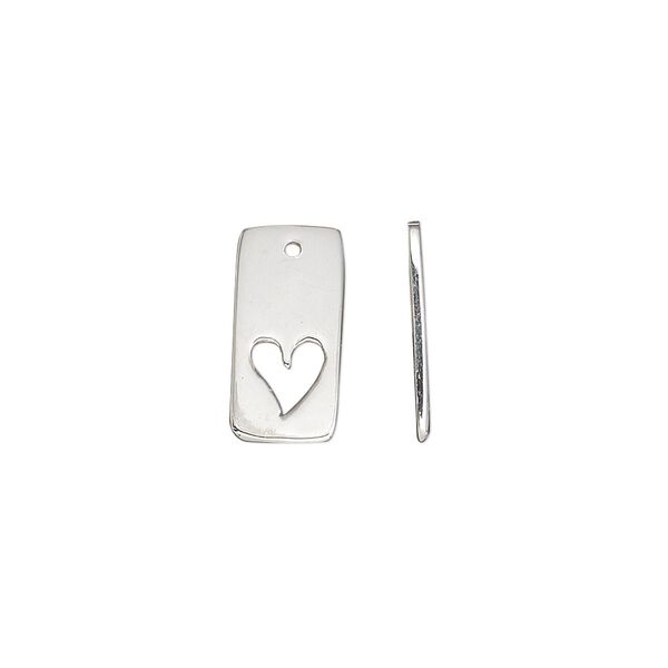 Drop, sterling silver, 15x7mm single-sided flat rectangle with cutout heart. Sold individually. image number 0