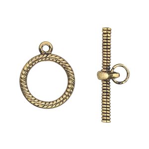 Clasp toggle 1pkg4 "pewter" (zinc alloy), 16mm round, antique gold-finished 1-strand
