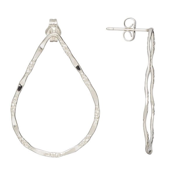 Earstud, sterling silver, 32x22mm hammered textured teardrop. Sold per pair. image number 0