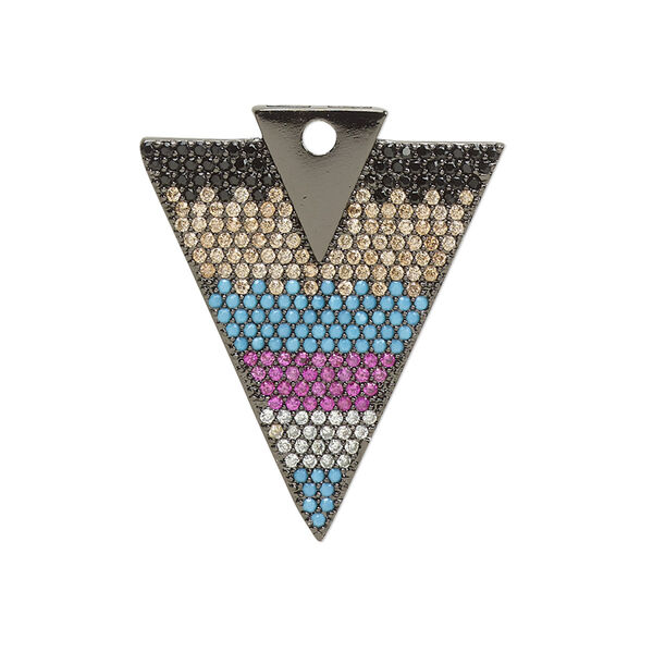 Drop, cubic zirconia and black-finished brass, multicolored, 29.5x24.5mm single-sided arrowhead. Sold individually. image number 0