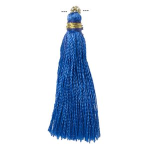 Tassel, silk (imitation) and gold-finished copper, blue, 1-3/4 to 2 inches. Sold per pkg of 12.
