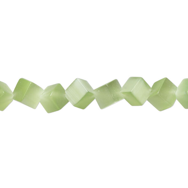 Bead, cat's eye glass (fiber optic glass), light green, 8mm diagonally drilled cube. Sold per 15-inch strand. image number 0