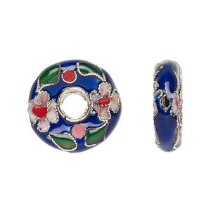 Bead, cloisonné, enamel and gold-finished brass, cobalt and multicolored, 20mm round donut with flower design. Sold per pkg of 4.
