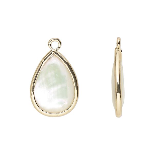 Drop, mother-of-pearl shell and gold-finished brass (assembled), 18.5x13.5mm-20x15mm double-sided teardrop. Sold per pkg of 4. image number 0
