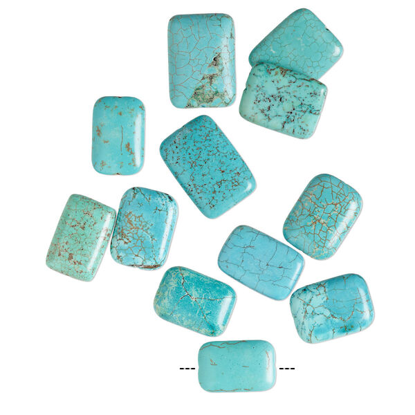 Bead mix, magnesite (dyed / stabilized), blue and blue-green, 29x19mm-35x25mm rounded puffed rectangle, C grade, Mohs hardness 3-1/2 to 4. Sold per pkg of 12. image number 0