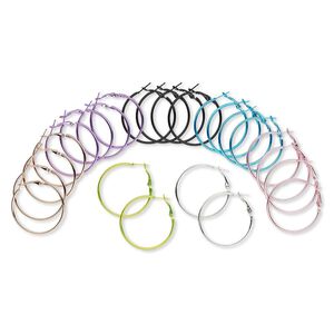 Earring, steel, assorted colors, 40mm round hoop with hinged closure. Sold per pkg of 12 pairs.