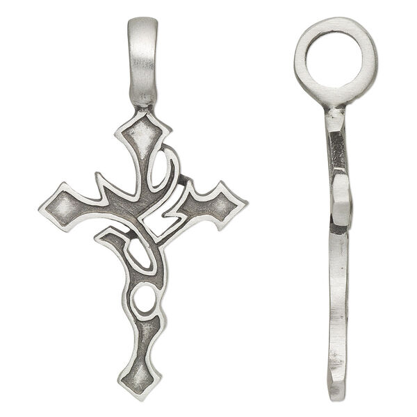 Pendant, antiqued pewter (tin-based alloy), 48x26mm single-sided cross with 6.5mm hole. Sold individually. image number 0