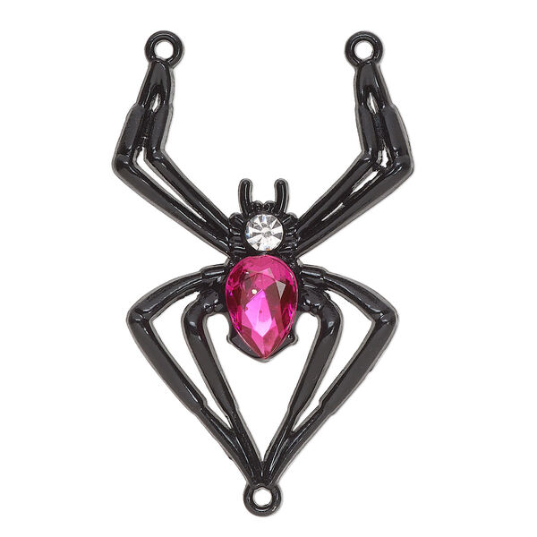 Connector, black-finished "pewter" (zinc-based alloy) and resin, black / pink / clear, 42x29mm spider Y-connector. Sold per pkg of 2. image number 0