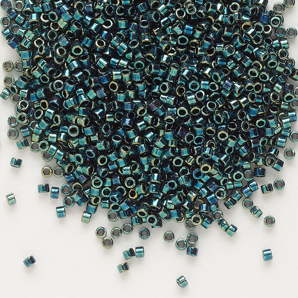 Seed bead, Delica®, glass, pkg/50g, #11 round, opaque metallic gold iris green blue (DB-1006). image number 0