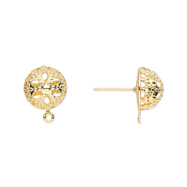 Earstud, gold-plated brass and stainless steel, 10mm filigree dome with closed loop. Sold per pkg of 5 pairs. image number 0