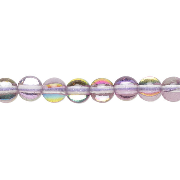 Bead, iridescent glass, transparent purple and multicolored, 6mm round. Sold per 15-1/2 to 16-inch strand. image number 0