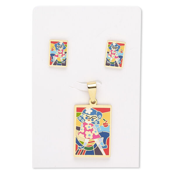 Pendant and earring, enamel and gold-finished stainless steel, multicolored, 30x21mm rectangle with girl design, 15x10mm rectangle with post. Sold per set. image number 0