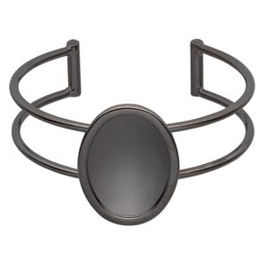 Bracelet, Almost Instant Jewelry®, cuff, gunmetal-plated brass and "pewter" (zinc-based alloy), 65x35mm with 30x22mm oval setting, adjustable. Sold individually.