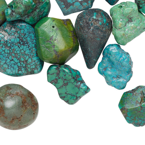Bead mix, turquoise (dyed / stabilized), blue / blue-green / green-brown, large nugget, Mohs hardness 5 to 6. Sold per 1/2 pound pkg, approximately 30 beads. image number 0
