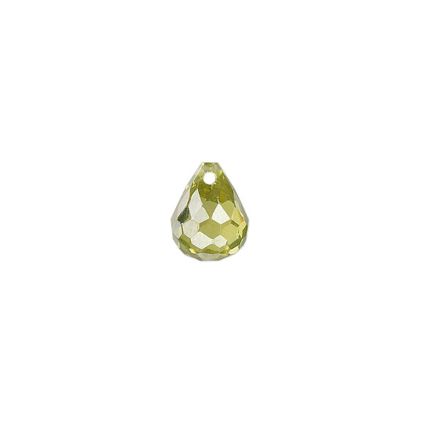 Bead, cubic zirconia, peridot green, 10x8mm top-drilled faceted teardrop, Mohs hardness 8-1/2. Sold per pkg of 2. image number 0
