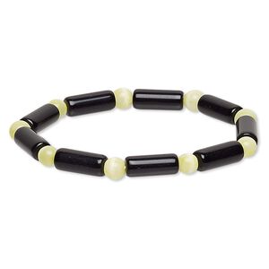 Bracelet, stretch, glass and cat's eye glass, opaque lemon yellow and black, 5-6mm round and 14x5mm-15x6mm round tube, 6 inches. Sold individually.
