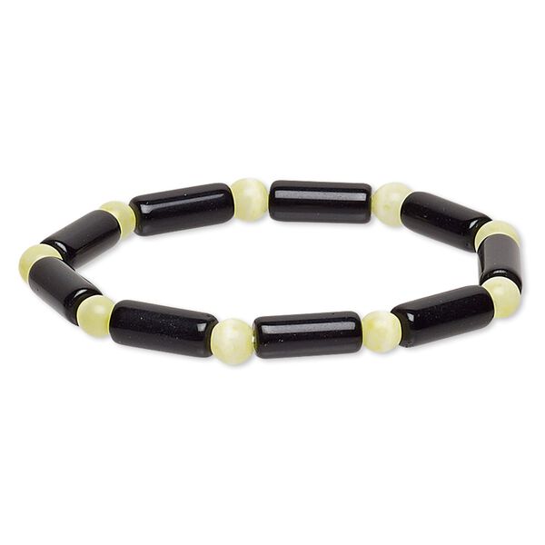 Bracelet, stretch, glass and cat's eye glass, opaque lemon yellow and black, 5-6mm round and 14x5mm-15x6mm round tube, 6 inches. Sold individually. image number 0