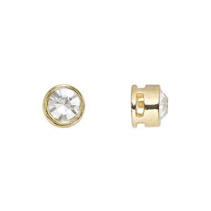 Spacer, glass rhinestone and gold-finished "pewter" (zinc-based alloy), clear, 9x8mm cross-drilled round with 7mm chaton. Sold per pkg of 6.