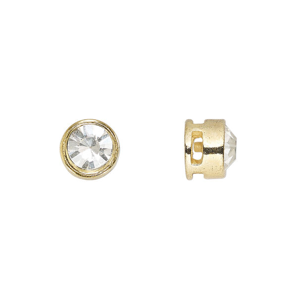 Spacer, glass rhinestone and gold-finished "pewter" (zinc-based alloy), clear, 9x8mm cross-drilled round with 7mm chaton. Sold per pkg of 6. image number 0