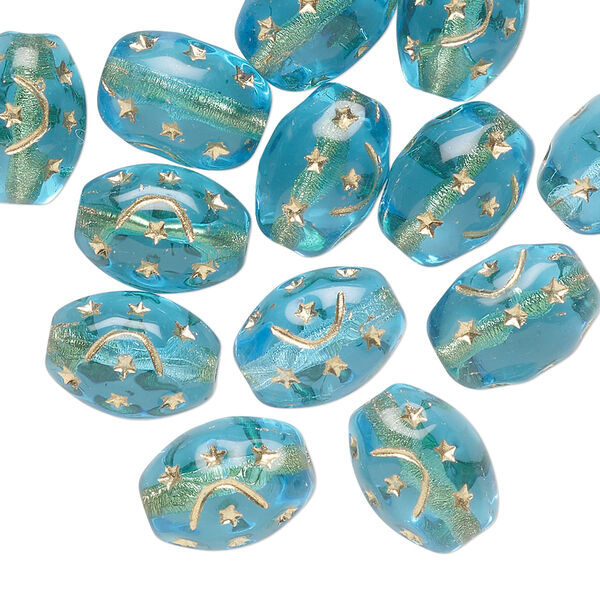 Bead, Preciosa, Czech pressed glass, translucent aqua blue, 12x9mm barrel with gold painted moon and stars. Sold per pkg of 16. image number 0