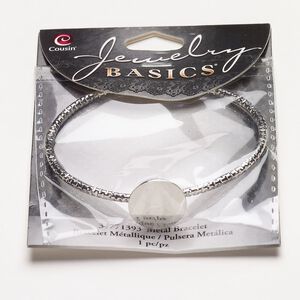 Bracelet, cuff, steel, pkg/1, silver finish, 6-1/2 inches textured with 16mm round flat pad.