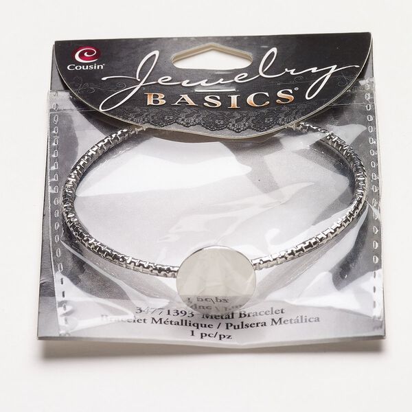 Bracelet, cuff, steel, pkg/1, silver finish, 6-1/2 inches textured with 16mm round flat pad. image number 0