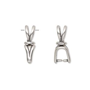 Bail, JBB Findings, ice-pick, antique silver-plated pewter (tin-based alloy), 19x5mm double-sided shield with lines and swivel, 6mm grip length. Sold individually.