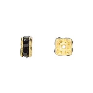 Bead, glass rhinestone and gold-finished brass, black, 8x4mm squaredelle. Sold per pkg of 10.