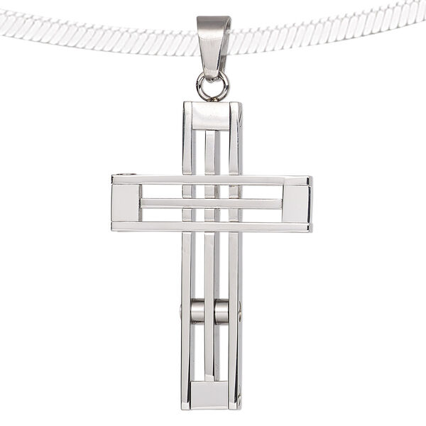 Pendant, stainless steel, 51x30mm double-sided cross with cutouts. Sold individually. image number 0