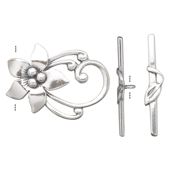 Clasp, toggle, antiqued sterling silver, 30x22mm flower, one loop. Sold individually. image number 0
