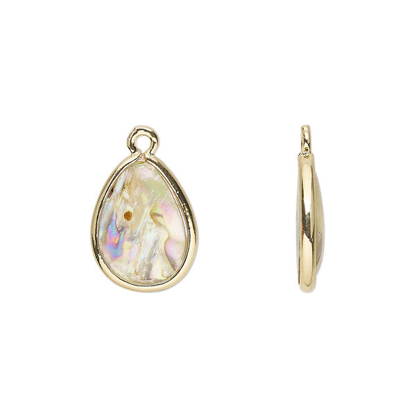 Drop, paua shell and gold-finished brass (assembled), 14.5x10.5mm-15.5x11.5mm double-sided teardrop. Sold per pkg of 4. image number 0
