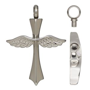 Pendant, stainless steel and silicone, black, 39x29mm cross with wings and watertight chamber. Sold individually.