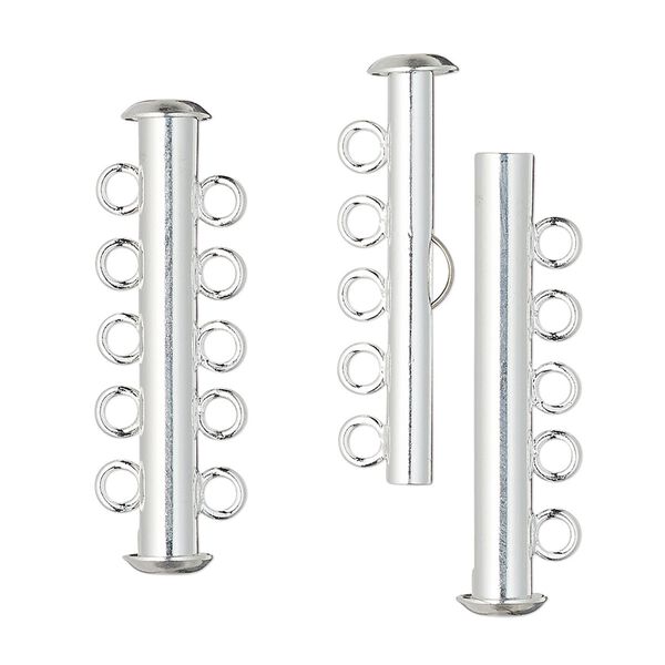 Clasp, 5-strand slide lock, silver-plated brass, 31x6mm tube. Sold per pkg of 10. image number 0