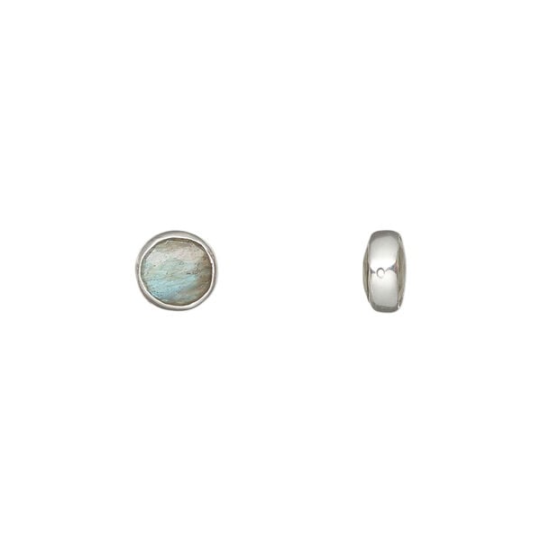 Bead, labradorite (natural) and sterling silver, 6.55mm , side-drilled double-sided faceted flat round. image number 0