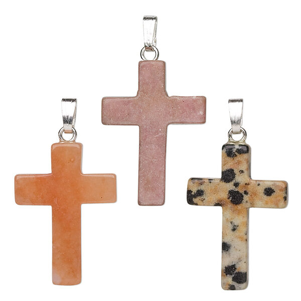 Pendant mix, multi-gemstone (natural / dyed / manmade) with gold-finished and/or silver-plated brass, 25x17mm cross. Sold per pkg of 10. image number 0