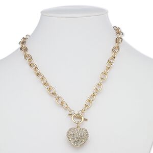 Necklace, glass rhinestone with gold-finished steel and "pewter" (zinc-based alloy), clear, 24x24mm two-sided heart with cutout design, 17 inches with toggle clasp. Sold individually.
