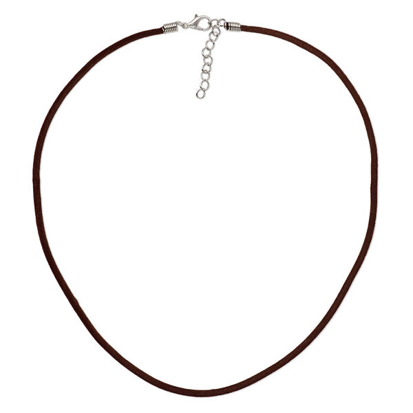 Necklace cord, velveteen with imitation rhodium-finished steel and "pewter" (zinc-based alloy), brown, 3mm wide, 20 inches with 1-1/2 inch extender chain and lobster claw clasp. Sold per pkg of 3. image number 0