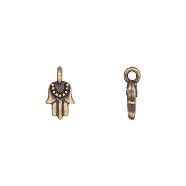 Charm, TierraCast®, "Worlds Away" collection, antique brass-plated pewter (tin-based alloy), 9x7mm double-sided mini Hamsa. Sold per pkg of 20. image number 0